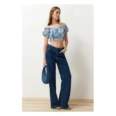 Trendyol Blue Tie-dye Patterned Carmen Collar Crop Woven Blouse