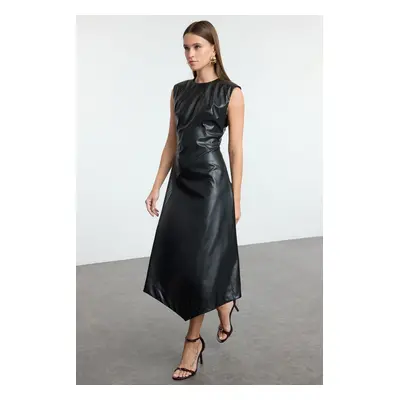 Trendyol Black A-Line Sleeveless Faux Leather Midi Woven Dress