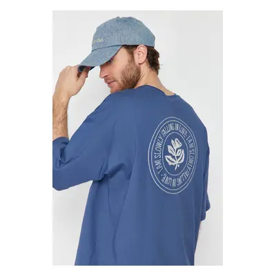 Trendyol Indigo Oversize Embroidered 100% Cotton T-Shirt