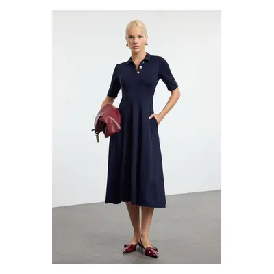 Trendyol Navy Blue Button-down Collar Three Quarter Sleeve Skater/Waist Open Midi Knit Dress