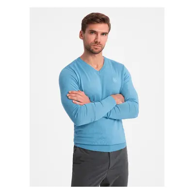 Ombre Elegant men's BASIC V-neck sweater with viscose - blue