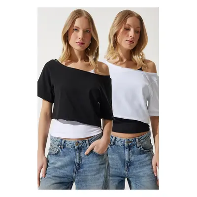 Happiness İstanbul Women's White Black Boat Neck Basic Crop 2-Pack Knitted T-Shirt