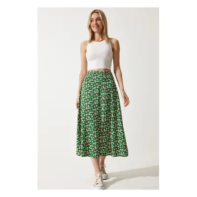 Happiness İstanbul Women's Green Orange Floral Slit Summer Viscose Skirt