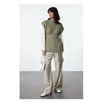 Trendyol Green Wide Fit Wool Belted Knitwear Sweater