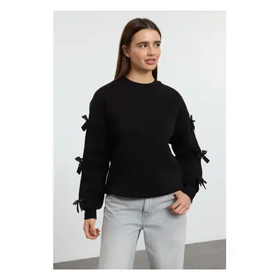 Trendyol Black Bow Detail Oversize/Wide Pattern Thick Polar Fleece Knitted Sweatshirt