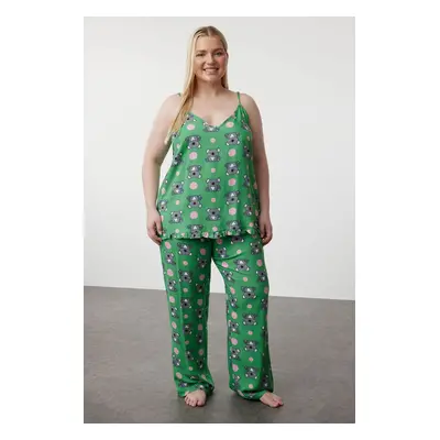 Trendyol Curve Mint Koala Patterned Woven Pajama Set