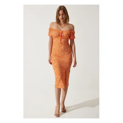 Happiness İstanbul Women's Orange Patterned Gathered Knitted Dress