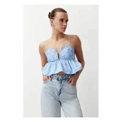 Trendyol Light Blue Crop Floral Embroidered Woven Blouse