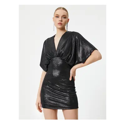 Koton Mini Shiny Evening Dress Bat Sleeve V Neck Slim Fit