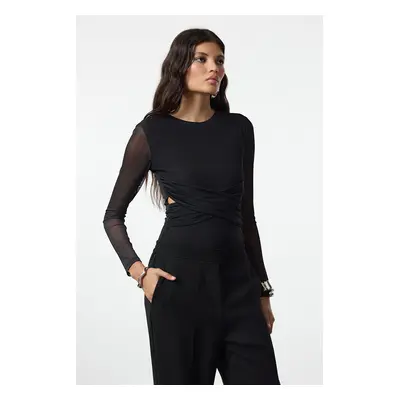 Trendyol Black Cut Out/Window Detail Tulle Knitted Bodysuit with Snaps