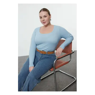 Trendyol Curve Blue Camisole Pool Neckline Fitting Basic Knitted Plus Size Blouse