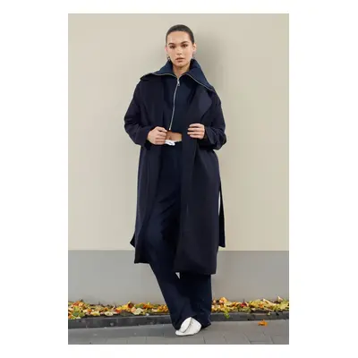 Trendyol Navy Blue Oversized Wool Coat with Removable Knitwear Detail