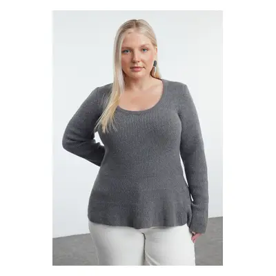 Trendyol Curve Anthracite U Neck Flounce Hem Knitwear Sweater