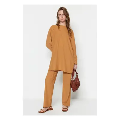 Trendyol Camel Pleated Tunic-Pants Knitted Set