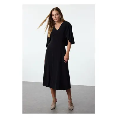 Trendyol Black Plain Maxi V Neck Cape Stretchy Midi Knit Dress