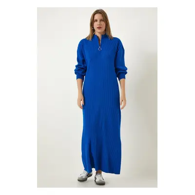 Happiness İstanbul Women's Blue Zipper Collar Ribbed Long Knitwear Dress