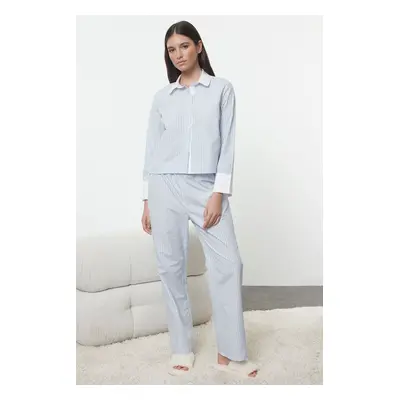 Trendyol Blue Cotton Striped Woven Pajama Set