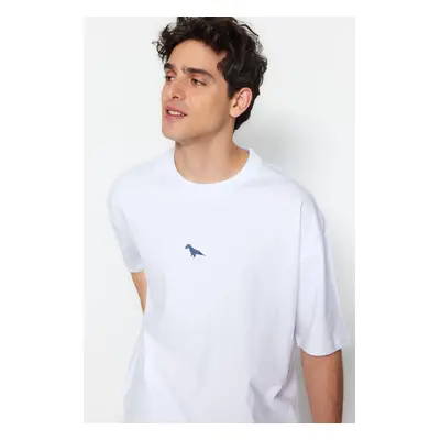 Trendyol White Oversize/Wide Cut Short Sleeve Dinosaur Hímzett 100% pamut póló