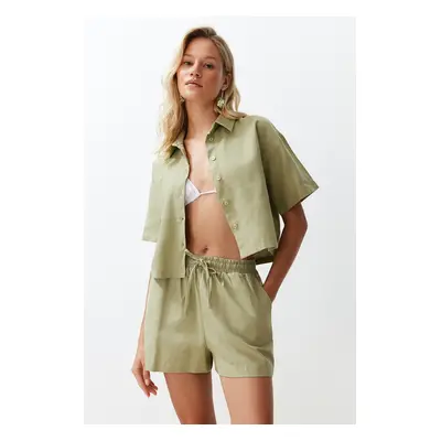 Trendyol Green Woven Linen Look Shirt Shorts Set