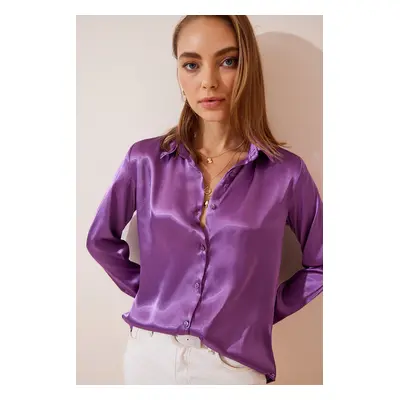 Happiness İstanbul Women's Purple Slightly Flowing Satin Shirt