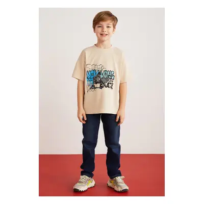 GRIMELANGE Jery Boy's 100% Cotton Printed Short Sleeve Beige T-shirt