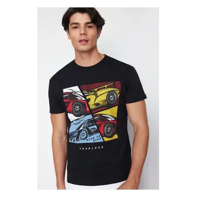 Trendyol Black Car Printed Oversize/Wide Cut T-Shirt