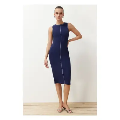 Trendyol Navy Blue Fitted/Body-Sitting Cot Stitching Detailed Ribbed Flexible Knitted Midi Dress