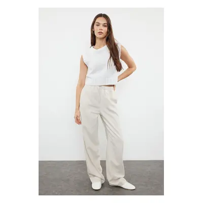 Trendyol Stone Premium Waist Detailed Linen Blended High Waist Wide Leg Trousers