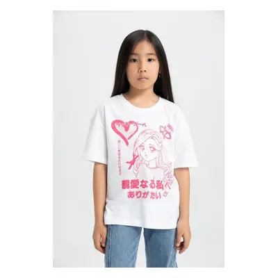 DEFACTO Girl Relax Fit Crew Neck Printed Short Sleeve T-Shirt