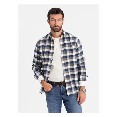 Ombre Classic men's flannel check cotton shirt - brown and navy blue