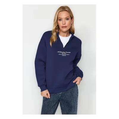 Trendyol Navy Blue Thick Fleece Zippered High Neck Oversize/Cream Knitted Sweatshirt