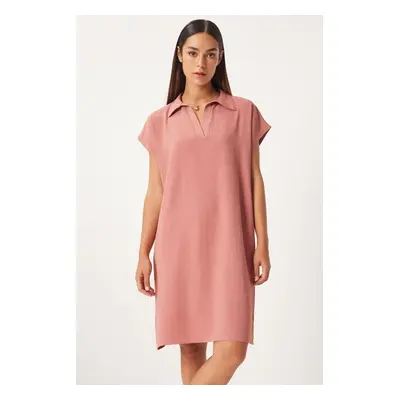 Happiness İstanbul Women's Dusty Rose Polo Neck Summer Loose Linen Ayrobin Dress