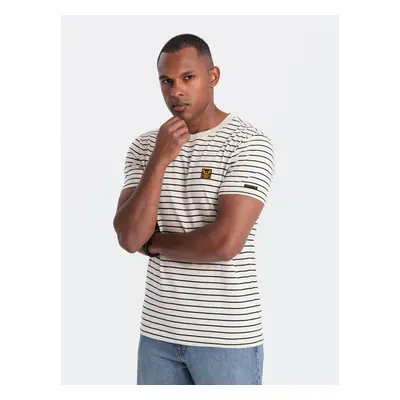 Men's striped t-shirt with patch by Ombre Design - cream and black