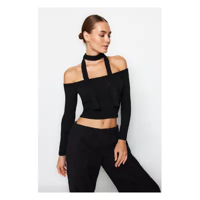 Trendyol Black Ribbed Carmen Collar Shawl Detail Fitted/Situated Crop Stretch Knitted Blouse