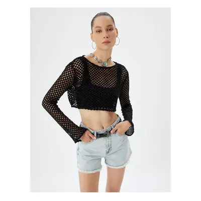 Koton Crop Openwork Knitted T-Shirt Long Sleeves Crew Neck Glitter Look