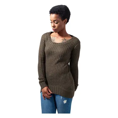 Women's sweater with a long wide neckline - olive