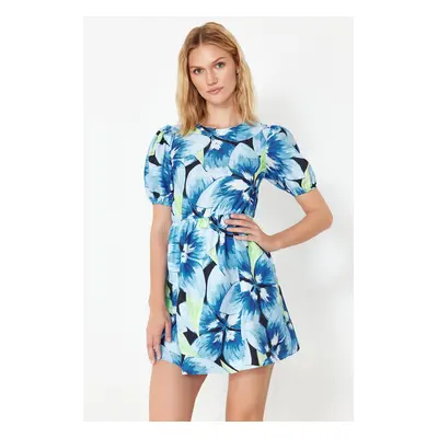 Trendyol Navy Blue Floral Skater/Waist-Opening Back Detailed Mini Woven Dress