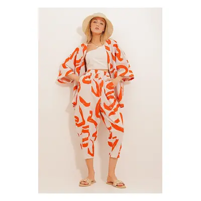 Trend Alaçatı Stili Women's Orange Patterned Shalwar Trousers and Kimono Set