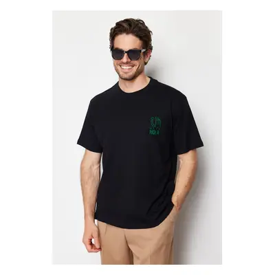 Trendyol Black Oversize/Wide Cut Velvet Printed 100% Cotton T-Shirt