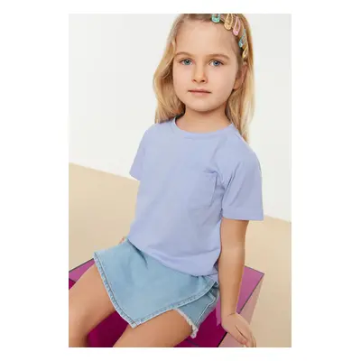 Trendyol Lilac Girl Pocket Basic Plain Crew Neck Cotton Knitted T-Shirt