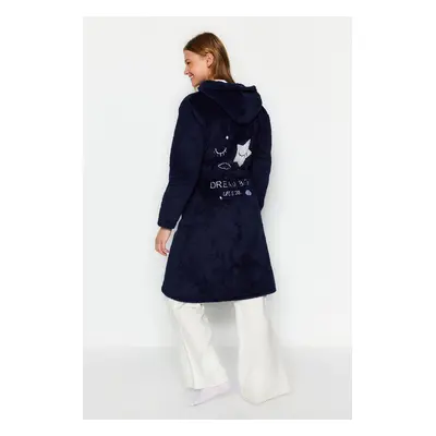 Trendyol Navy Blue Belted Back Embroidery Detailed Hooded Wellsoft Winter Knitted Dressing Gown