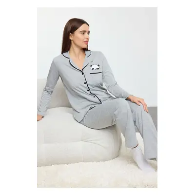 Trendyol Grey Melange Cotton Panda Printed Knitted Pajama Set