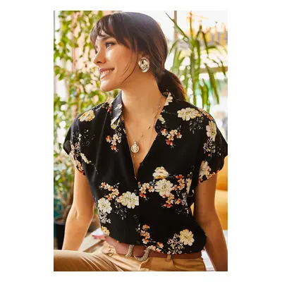 Olalook Women's Black Mustard Floral Bat Viscose Shirt