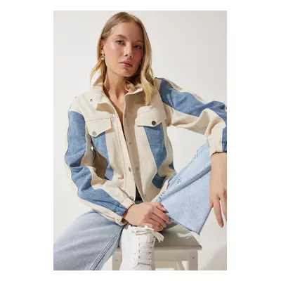 Happiness İstanbul Women's Cream Blue Block Color Gabardine Jacket