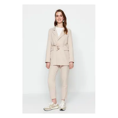 Trendyol Stone Tie Detail Lined Crepe Jacket-Trousers Woven Two Piece Set