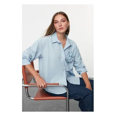 Trendyol Light Blue Oversize Wide Fit Shirt with Rose Detail on the Front