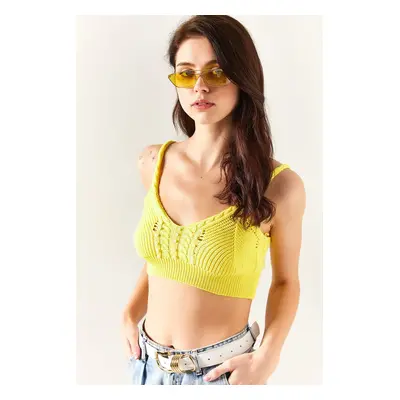 Olalook Women's Yellow Knitwear Crop Top with Beaded Garnish