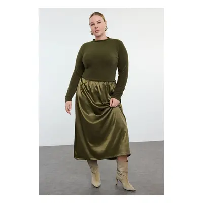 Trendyol Curve Khaki Midi Length Satin Woven Mix Knitwear Dress