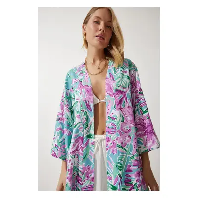 Happiness İstanbul Women's Green Pink Patterned Viscose Kimono