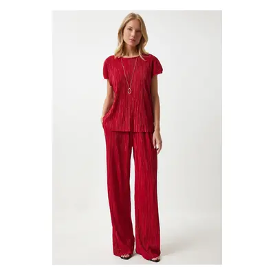 Happiness İstanbul Women's Red Pleated Casual Blouse Trousers Set